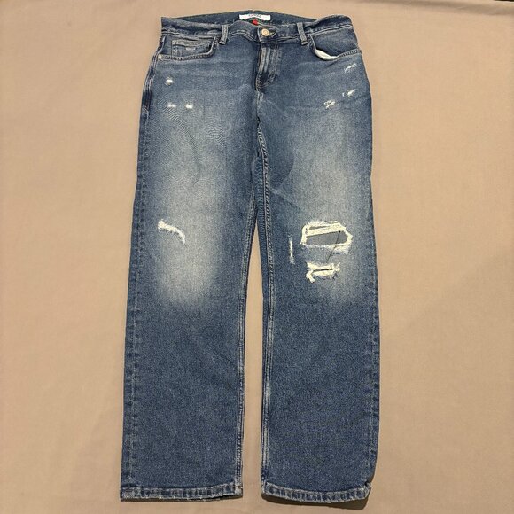Tommy Hilfiger Jeans 34x29 Blue Straight Leg Distressed Y2K Grunge High Rise - Picture 1 of 7